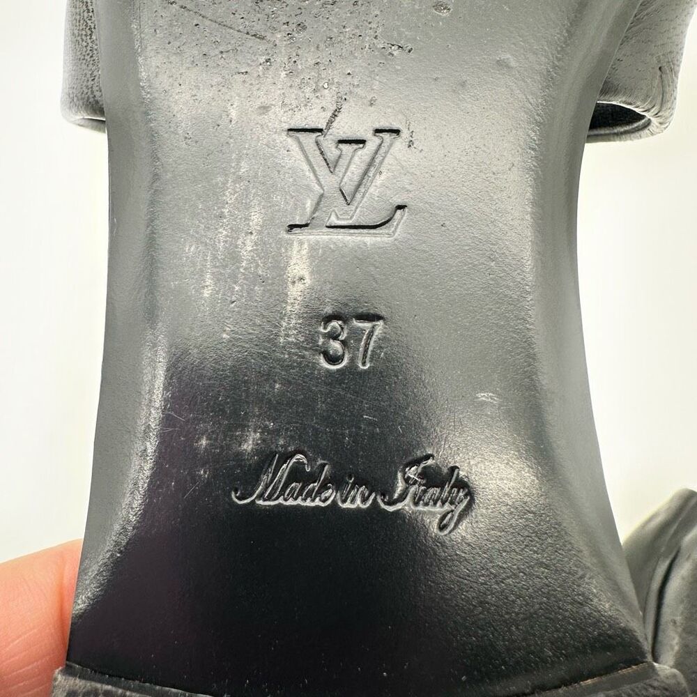 LOUIS VUITTON Embossed Monogram Revival Flat Mules Size 37 Black Logo Slides - Picture 12 of 12